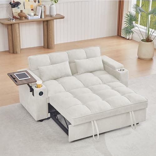 360 Degree Swivel 65'' 3-in-1 Convertible Queen Sofa with Pullout Bed (White)
