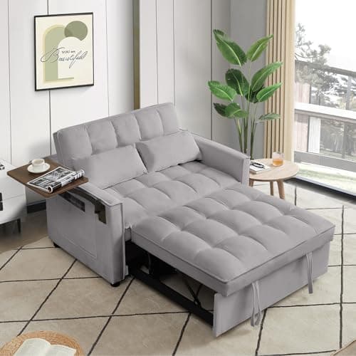 Antetek 3-in-1 Convertible Sofa Bed with Rotating Side Table - 47 Modern Velvet Loveseat for Small Spaces in Living Room, Apartment, or Office, Grey