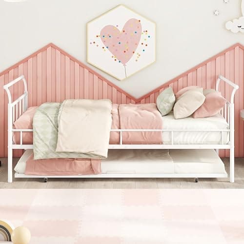 Twin Size Daybed with Trundle Twin, Heavy Duty Daybed with Curved Handle and Slats, Metal Daybed for Kids, Girls, Boys, No Box Spring Needed, White Day Bed Twin Size