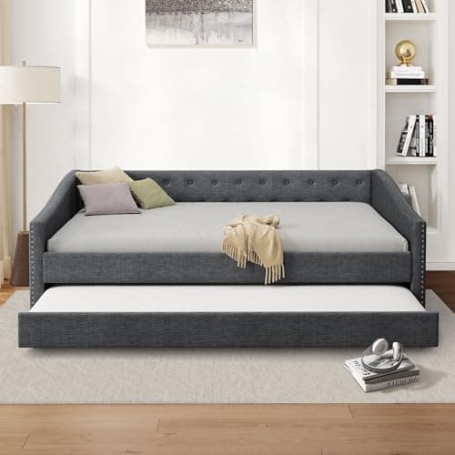 Linen Upholstered Ball & Cast Daybed, Dark Grey, 2 Storage Drawers