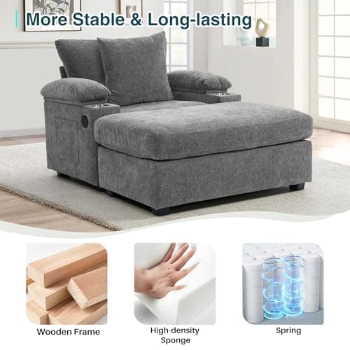 Oversized Chaise Lounge with Storage & Ottoman, Gray USB Cup Holder.maximum comfort