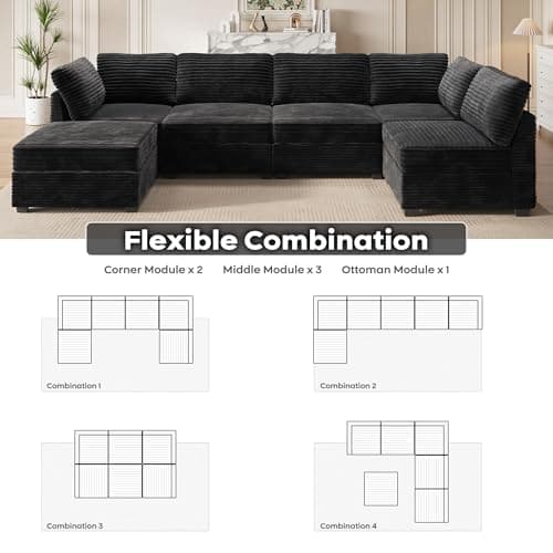 Ovios 130.7" U-Shaped Sofa Bed Living Room Set, 6 Seater, Black