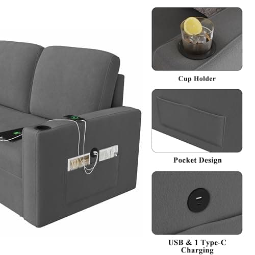 Keyluv 87" Reversible L-Shaped Sofa Bed with Storage & Charging Station, Dark Gray Velvet