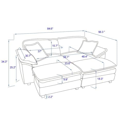 Modern Black L-Shaped Loveseat with Movable Ottoman