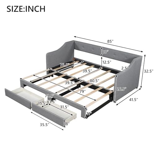 Gray Extendable Linen Daybed with Drawers and Pop-up Guest Bed