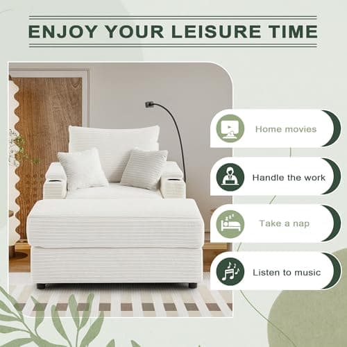 Oversized White Chaise Lounge Chair with Ottoman & 2 Pillows, USB Ports & Cup Holders (39.4")