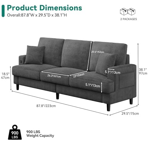 YITAHOME 88 inch 3 Seater Couch, Modern Grey Sectional Sofa for Living Room