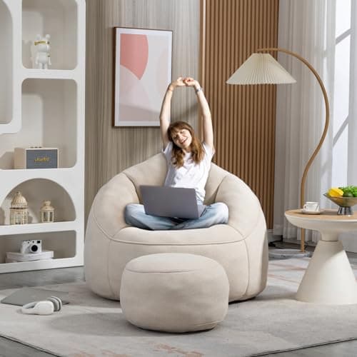 Modern Bean Bag Chair with Ottoman, Comfy Sofa Chair with High Pressure Foam - Beige