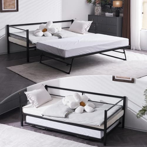 Metal Daybed with Trundle for Twin Size Mattress, No Box Spring Required - Black