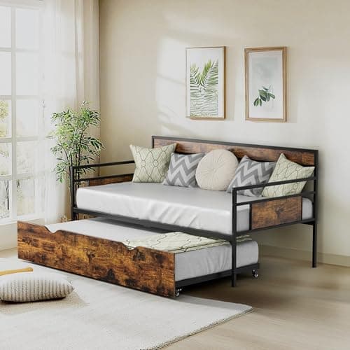 Twin Daybed with Trundle, Rustic Metal Frame, Saving Space Living Room Bed