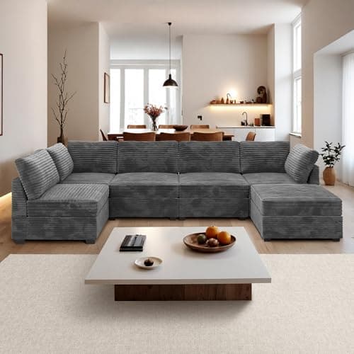 Ovios 130.7" U-Shaped Sofa Bed Living Room Set, 6 Seater, Black