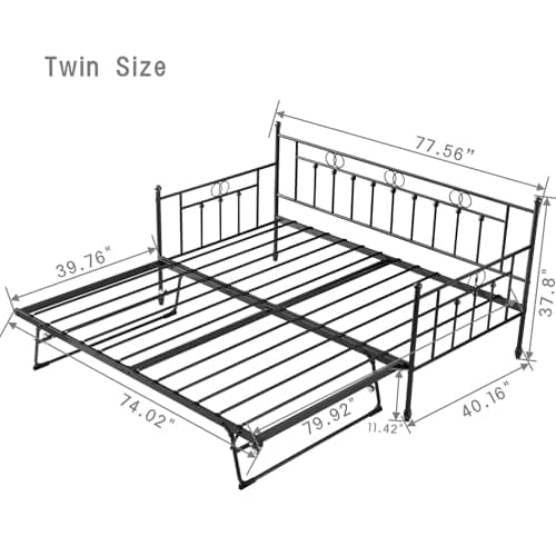 Height Adjustable Twin Daybed with Trundle, Black Pull-Out Sofa Bed for Living & Guest Rooms