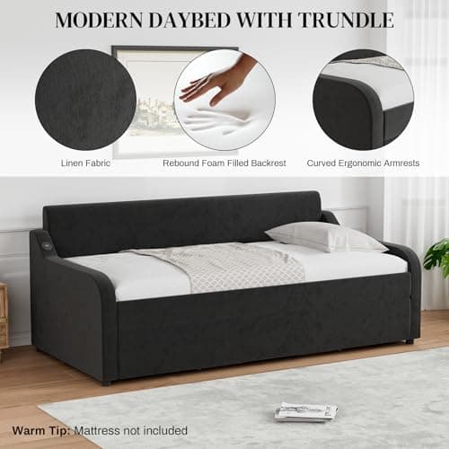 Rophefx Velvet Black Twin Day Bed with Pop Up Trundle & USB