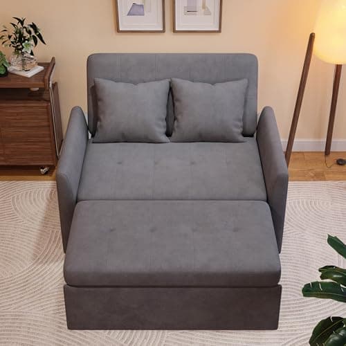 3-in-1 Convertible Sleeper Sofa Bed, Grey Velvet Love Seat with Pillow and Phone Holder