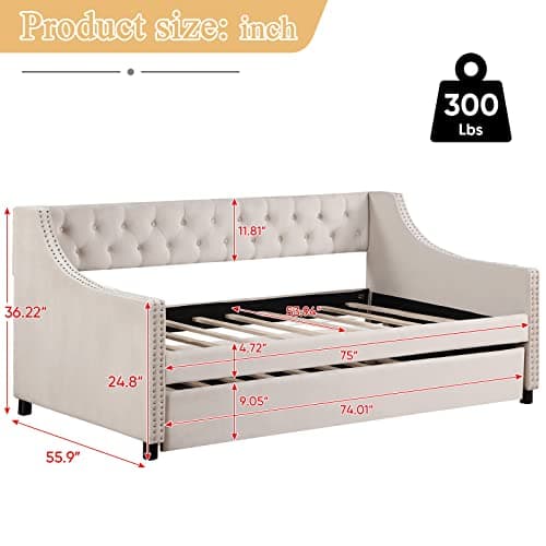 Modern Beige Full Size Button Tufted Velvet Daybed with Trundle