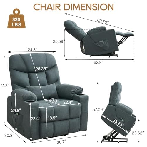 Blue Grey Vibrating Heat Massage Recliner Chair with Cup Holder