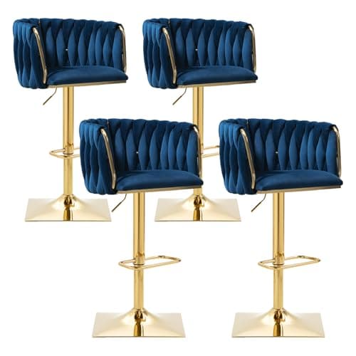 Antetek Modern Swivel Bar Stool Set, Adjustable Height, Woven Back, Silver Base, Blue Teddy