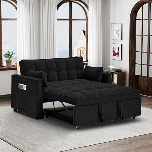 Convertible Sleeper Sofa Couch with Pullout Bed, Loveseat with Storage and Pillows, Modern Futon Couch Bed for RV, Living Room, Bedroom and Small Space in Black Teddy