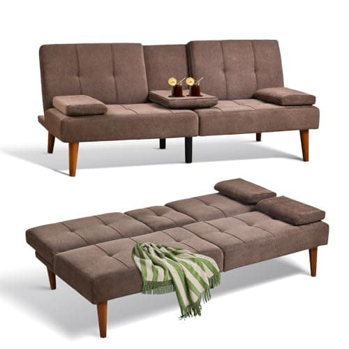 COLAMY Convertible Futon Sofa Bed - Light Grey with Cup Holders