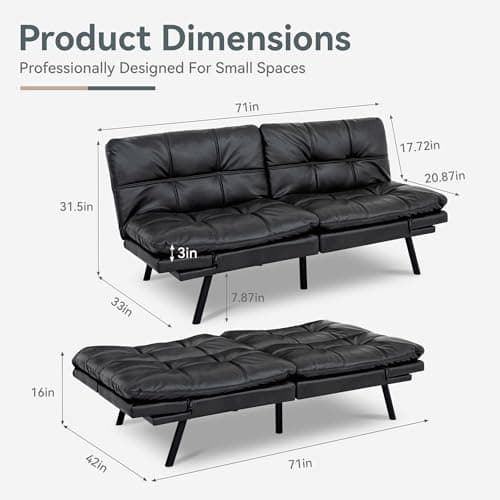 Black Faux Leather Futon Sofa Bed with Memory Foam & Adjustable Backrest