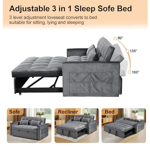 Grey 3-in-1 Convertible Velvet Bed Sofa, Pull-out Lounger with Reclining Backrest (55.1")