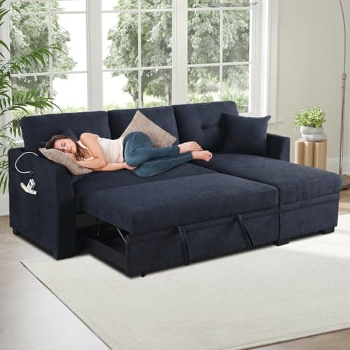 Ink Blue L-Shape Sofa with Storage & Pull-Out Bed USB Ports