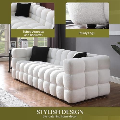 Sherpa Upholstered 3-Seater Cloud Couch with Pillows for Living Room - White
