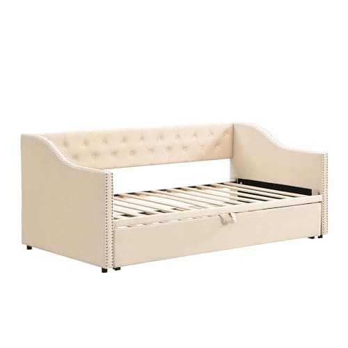 Merax Beige Upholstered Velvet Pop-Up Daybed with Backrest & Armrest