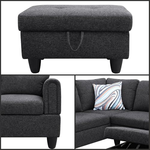 L-Shaped Couch with Chaise, 6 Seat Modern Living Room Sectional in Black/Grey with Storage