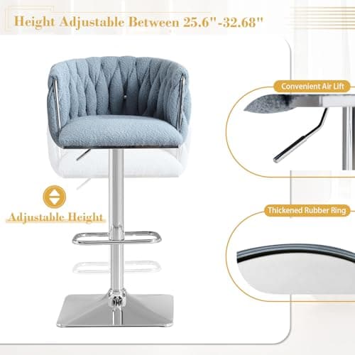 Antetek Modern Swivel Bar Stool Set, Adjustable Height, Woven Back, Silver Base, Blue Teddy