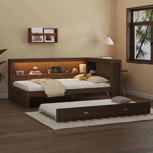 Full Size L-Shaped Floor Bed with Storage, Charging Station, & LED Headboard