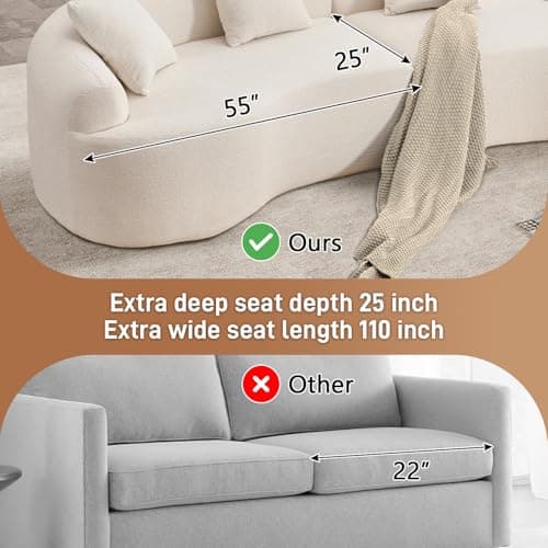 Modern Luxury 110" Oversized Curved Chenille Sectional Sofa, Cream White, No Assembly Needed
