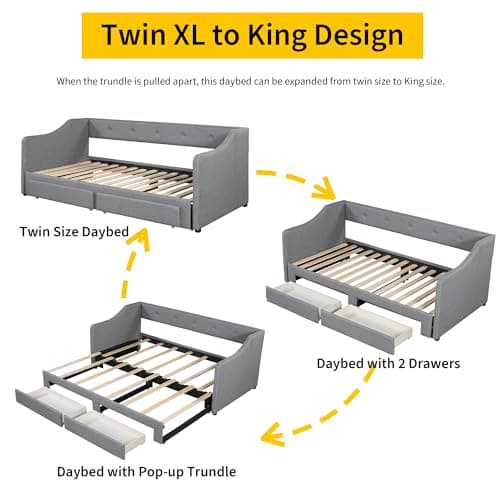 Gray Extendable Linen Daybed with Drawers and Pop-up Guest Bed