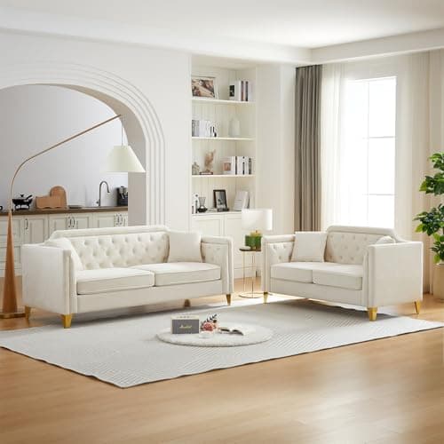 Modern Comfortable 2 Piece Sofa and Loveseat Set with Chenille Fabric and Thick Cushions, Beige