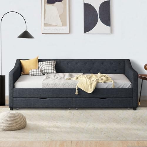 Linen Upholstered Ball & Cast Daybed, Dark Grey, 2 Storage Drawers