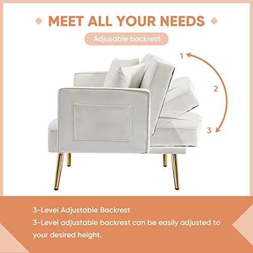 Antetek Convertible Futon Sofa Bed, 69-inch White Tufted Velvet Sleeper Couch