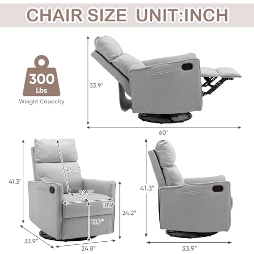 Glider Rocker Recliner Chair, 360° Swivel Linen Recliner for Adults & Nursery