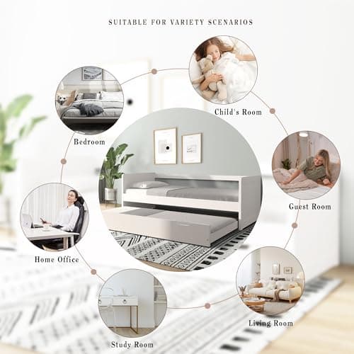 Modern Wood Daybed with Armrest and Trundle, White