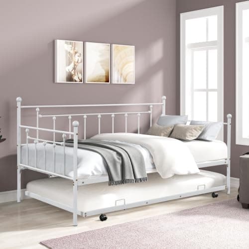 Modern Metal Twin Day Bed with Pop Up Trundle, Steel Slat Support (Black)