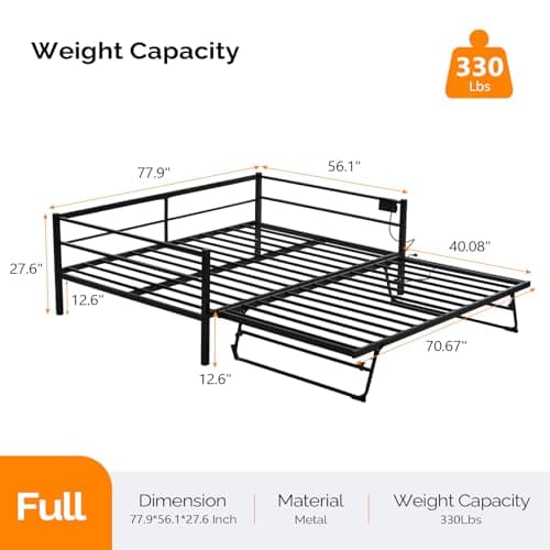 VINGLI Full Size Daybed with Trundle, Charging Station, LED Lights, Black