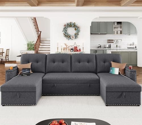 HIFIT 112" U-Shaped Sectional Couch with LED Lights & USB, Grey