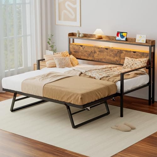 Daybed with Trundle, Twin Frame with Charging Station, LED Lights, Storage Headboard