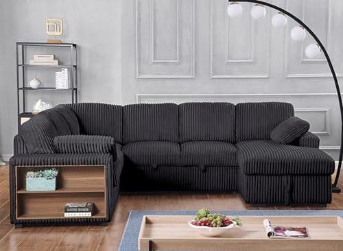 Eafurn Reversible Corduroy L-Shaped Sleeper Sectional With Chaise, USB Ports, Living Room Sofa Bed