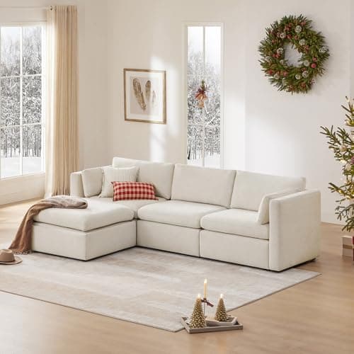 FSC Certified Chita L-Shaped Sofa, 112" Wide, 4 Seat Modular with Storage Ottoman, Linen