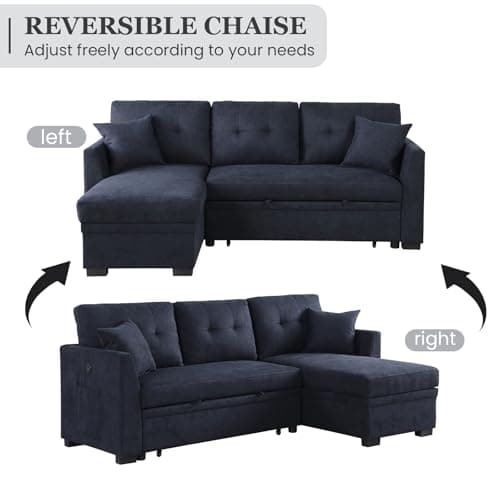 Ink Blue L-Shape Sofa with Storage & Pull-Out Bed USB Ports