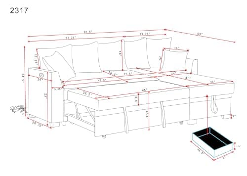 Eafurn Reversible Corduroy L-Shaped Sleeper Sectional With Chaise, USB Ports, Living Room Sofa Bed