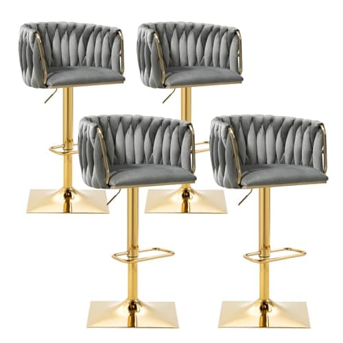 Antetek Modern Swivel Bar Stool Set, Adjustable Height, Woven Back, Silver Base, Blue Teddy
