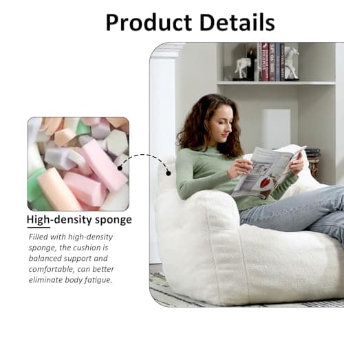 Hison Fluffy Bean Bag Chair with Armrests (White)