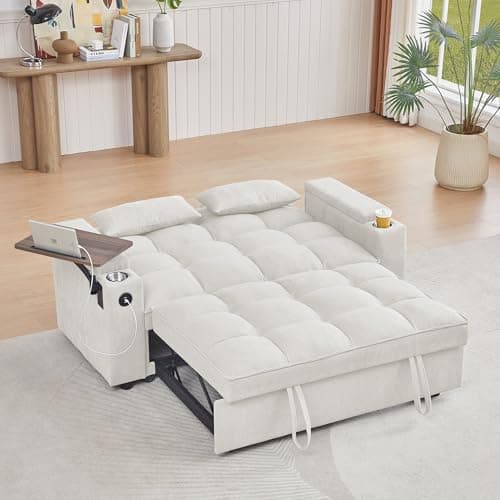 360 Degree Swivel 65'' 3-in-1 Convertible Queen Sofa with Pullout Bed (White)