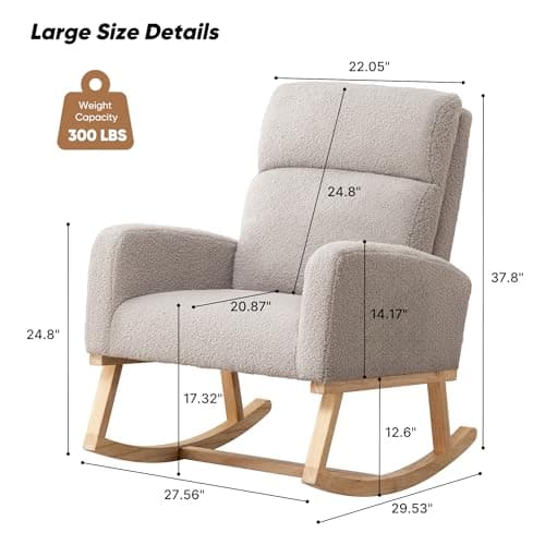Sherpa Nursing Rocking Chair, Upholstered Glider with Side Pocket, Light Grey